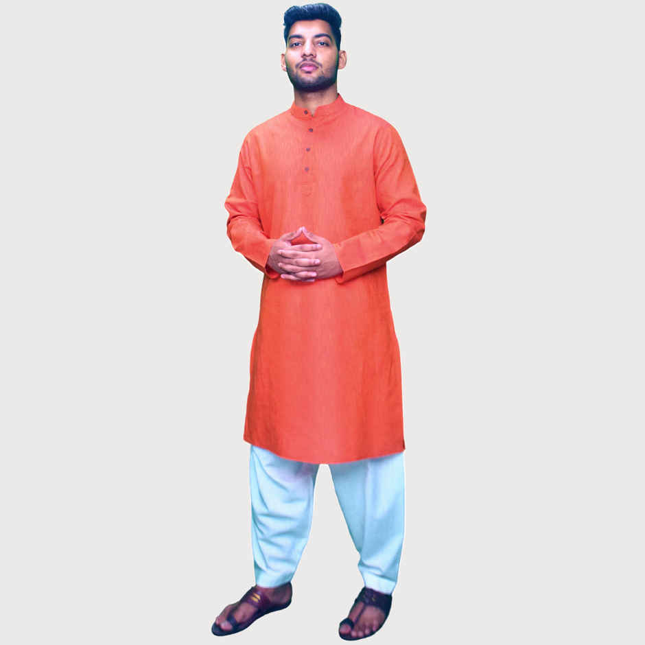 EQL Men's Cotton Linen Button Placket Long Kurta for Men | Red - L