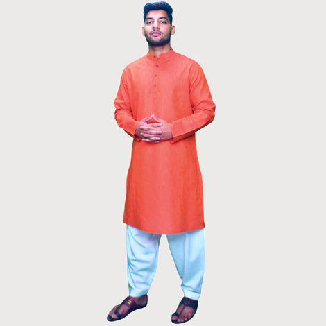 EQL Men's Cotton Linen Button Placket Long Kurta for Men | Red - L
