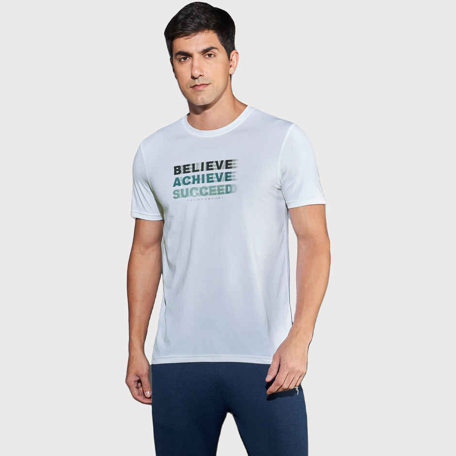 Technosport Men's Poly Printed Slim Fit Round Neck Sports T-shirt | White - L