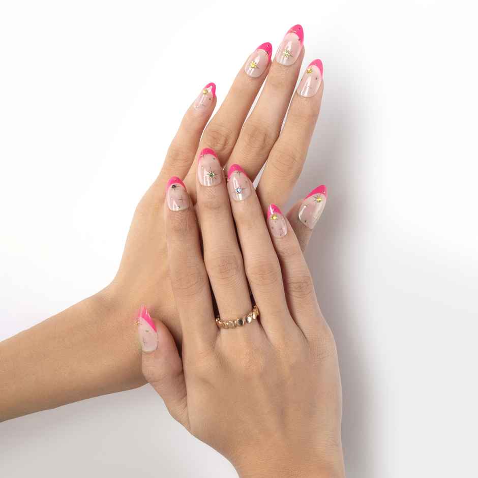 Pep Nails Blush & Bling Pink Gemstone Medium Almond Reusable Press On Nails | 24 Nail Tips