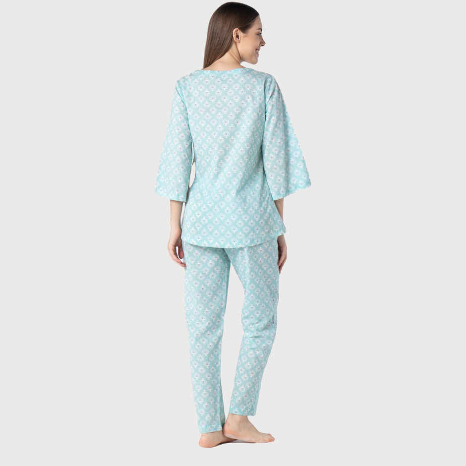 Sanskrutihomes Women Floral Printed Pure Cotton Sky Blue Night Suit SE-NSP-663 | S