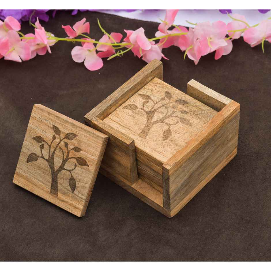 Oggn Mango Leaf Wooden Tea Coaster With Holder