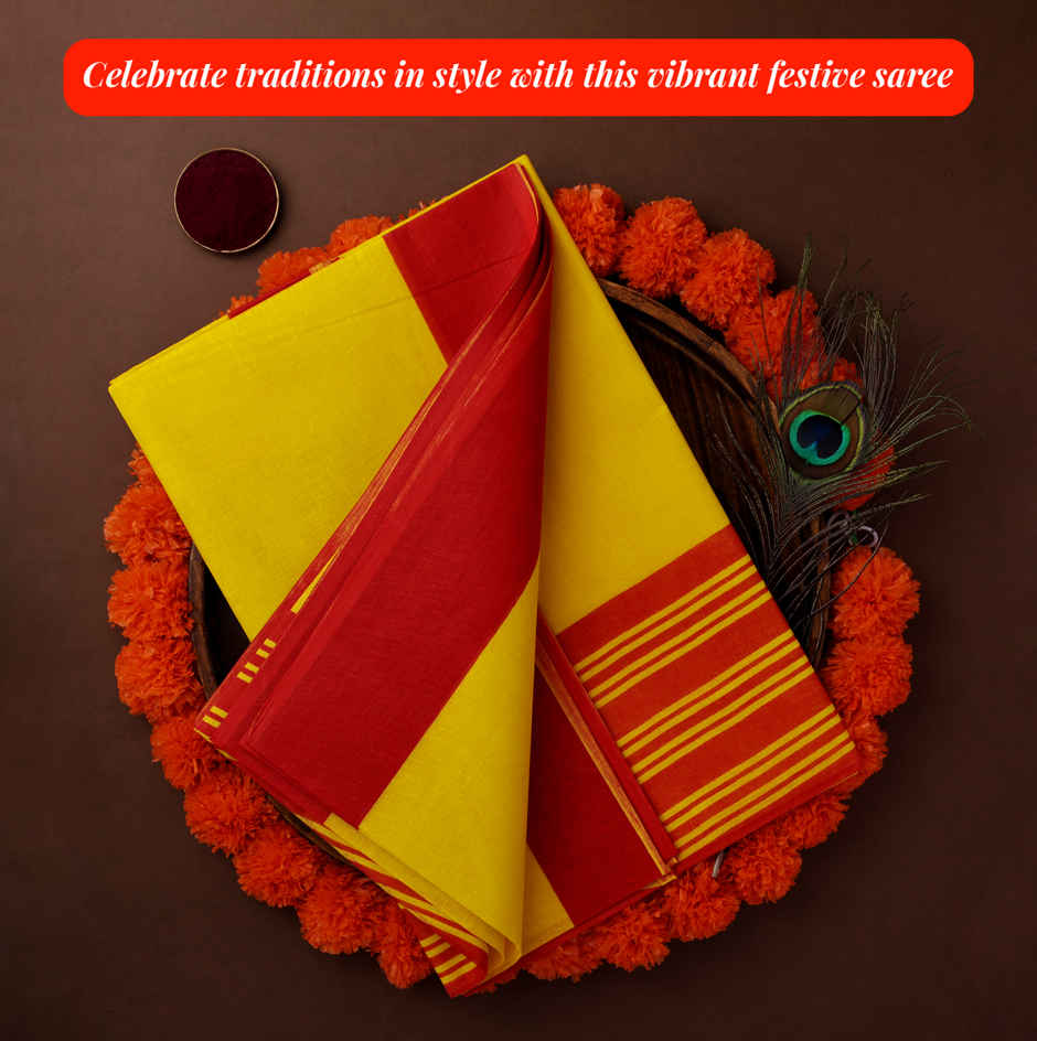 Traditional Saree | Festival Ethnic Wear | Yellow | Oye Happy