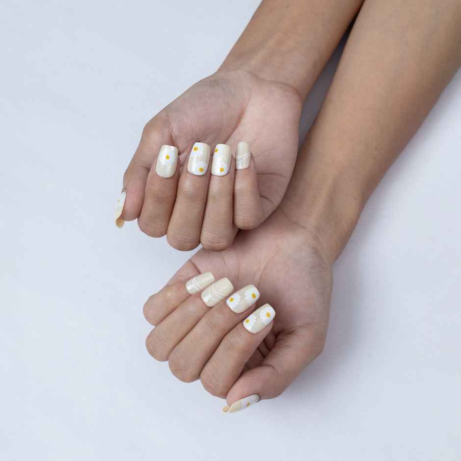 Pep Nails Buttercup Yellow Floral Medium Coffin Reusable Press On Nails 30 Nail Tips