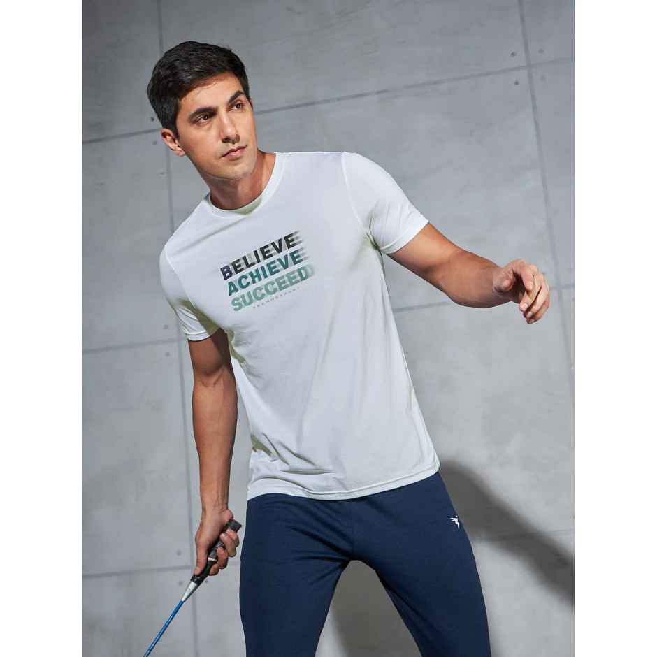 Technosport Men's Poly Printed Slim Fit Round Neck Sports T-shirt | White - M