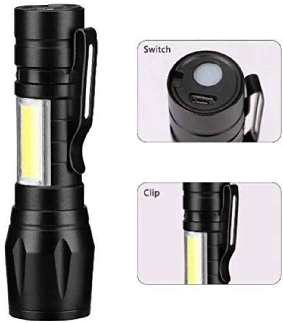 Desidiya LED Flashlight with COB Light Mini Torch Waterproof Portable LED Flashlight USB Rechargeable 3 Modes Light Flashlight - Black