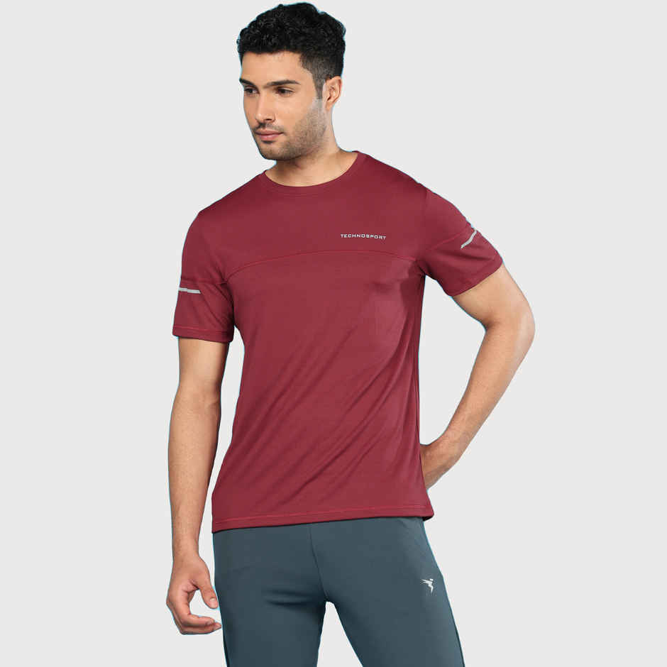 Technosport Men's Poly Solid Slim Fit Round Neck Sports T-shirt | Berry Red - M