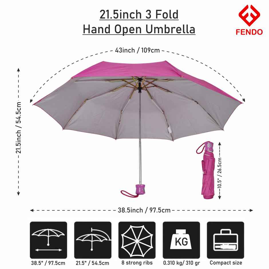 Fendo Aura 3 Fold Hand Open 21.5 Inch Sun & Rainproof Regular Umbrella For Men & Women | Rani Pink