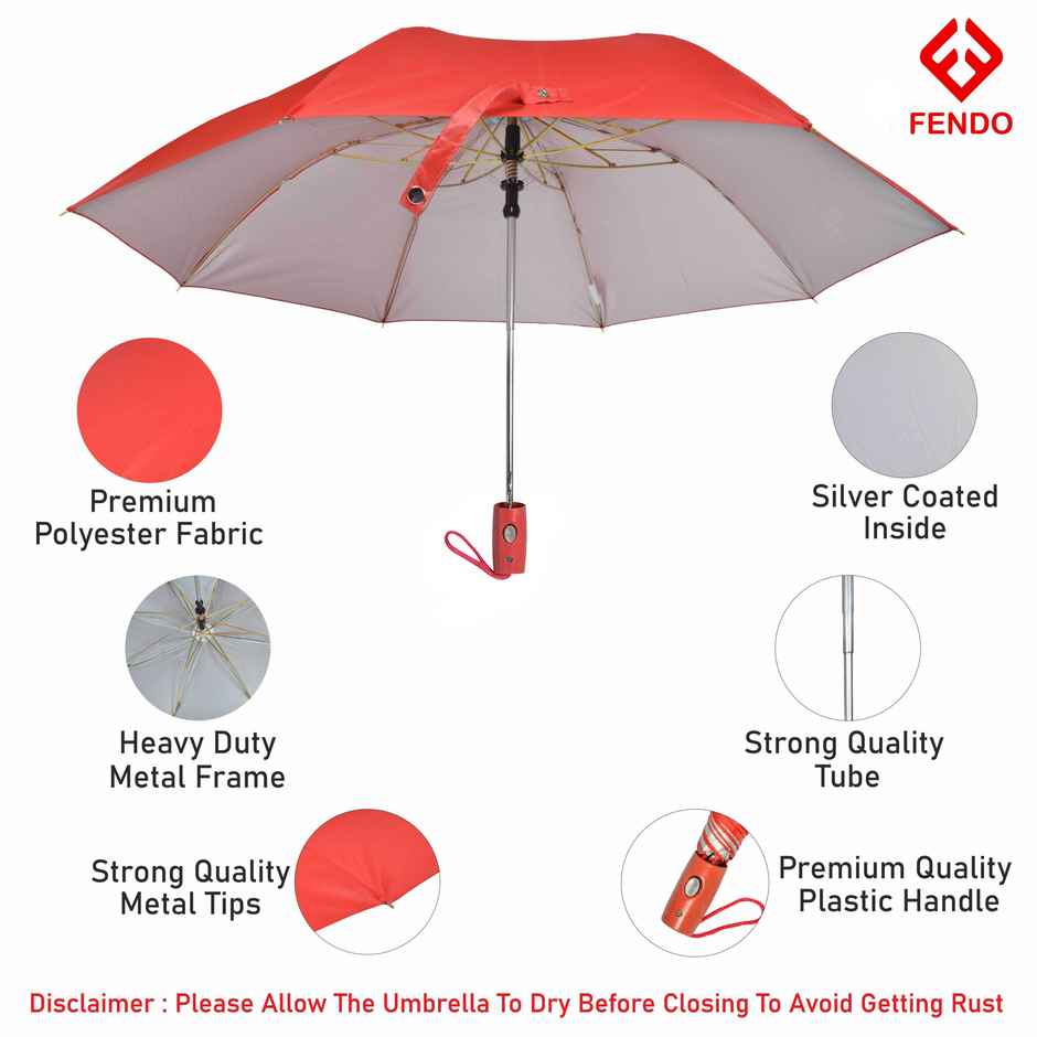Fendo 3 Fold Auto Open 23.5 Inch Sun & Rainproof Regular Umbrella For Men & Women | Red