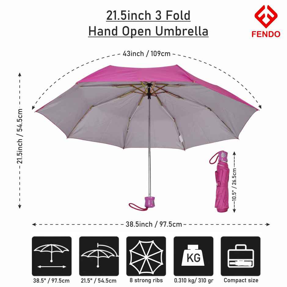 Fendo Aura Hand Open Sun & Rainproof Regular Umbrella For Men & Women | Rani Pink | 21.5 Inch | 3 Fold