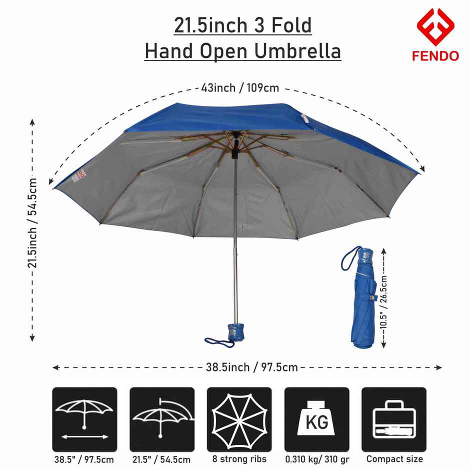 Fendo Royal Blue Umbrella Hand Open | 21.5 inch | 3 Fold