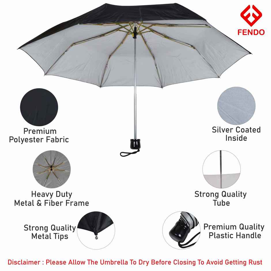 Fendo Auto Open Sun & Rainproof Regular Umbrella For Men & Women | Black & Silver | 21.5 Inch | 3 Fold