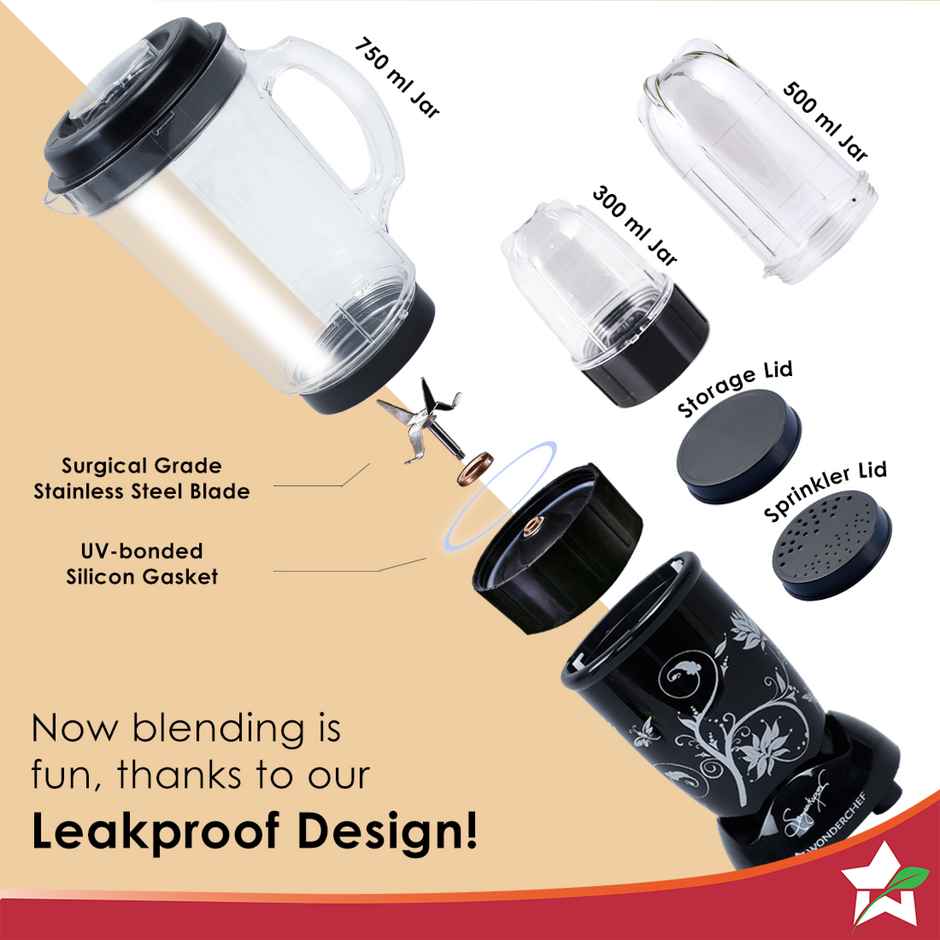 Wonderchef Nutri Blend, Mixer Grinder, Blender, 500W, 3 Unbreakable Jars, Black