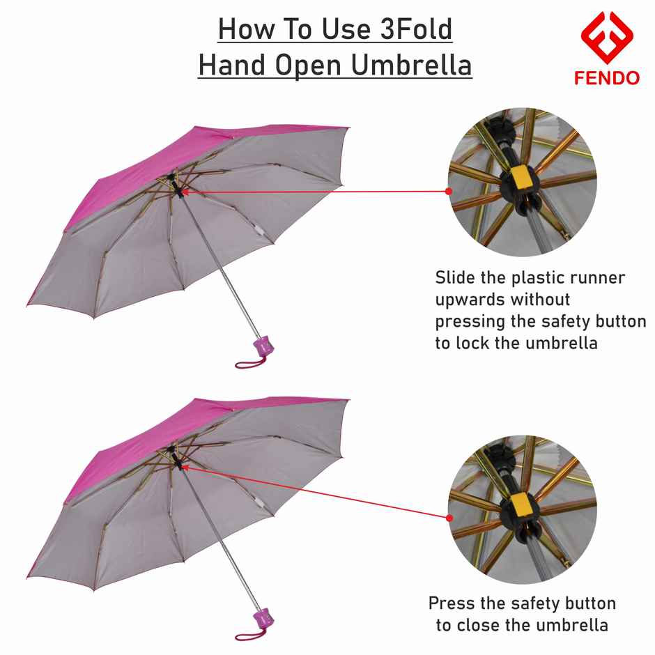 Fendo Aura 3 Fold Hand Open 21.5 Inch Sun & Rainproof Regular Umbrella For Men & Women | Rani Pink