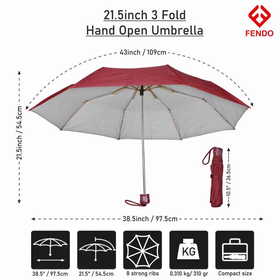 Fendo 3 Fold Hand Open 21.5 inch | Maroon Umbrella