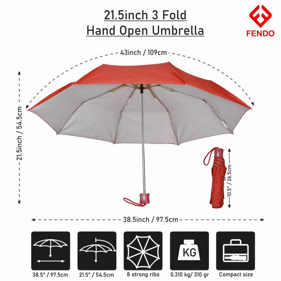Fendo 3 Fold Hand Open 21.5 inch | Red Umbrella