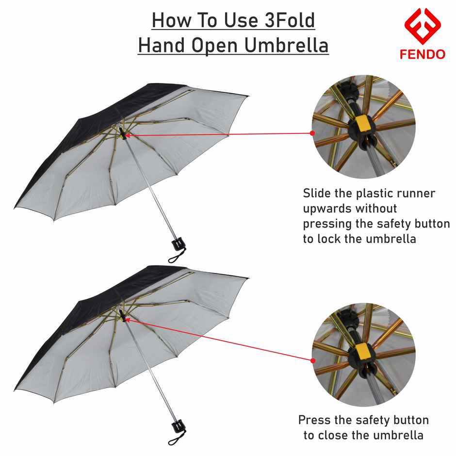 Fendo 3 Fold Hand Open 21.5 inch Black Umbrella