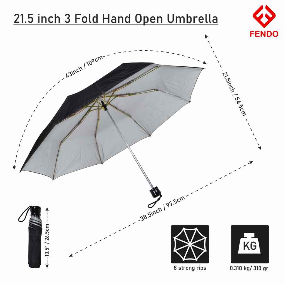 Fendo 3 Fold Hand Open 21.5 inch Black Umbrella