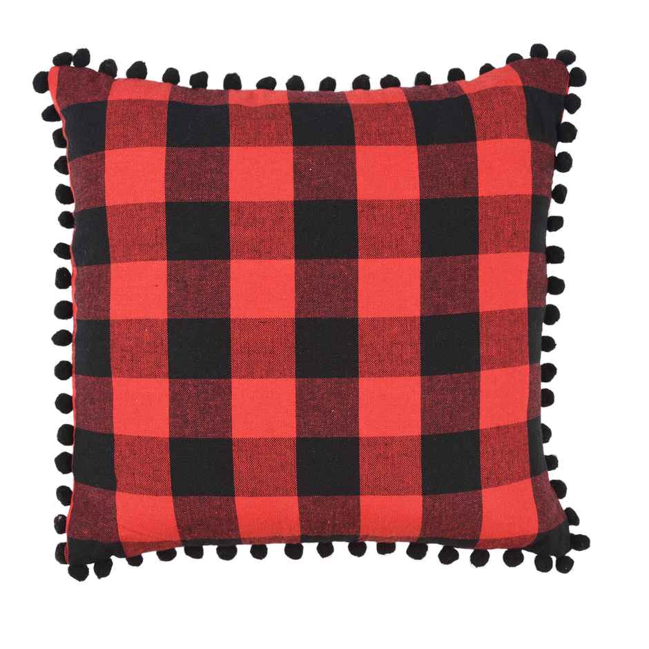 Lushomes Cotton Cushion Covers - Red Black Checks | Pom Pom | 20 x 20 inch
