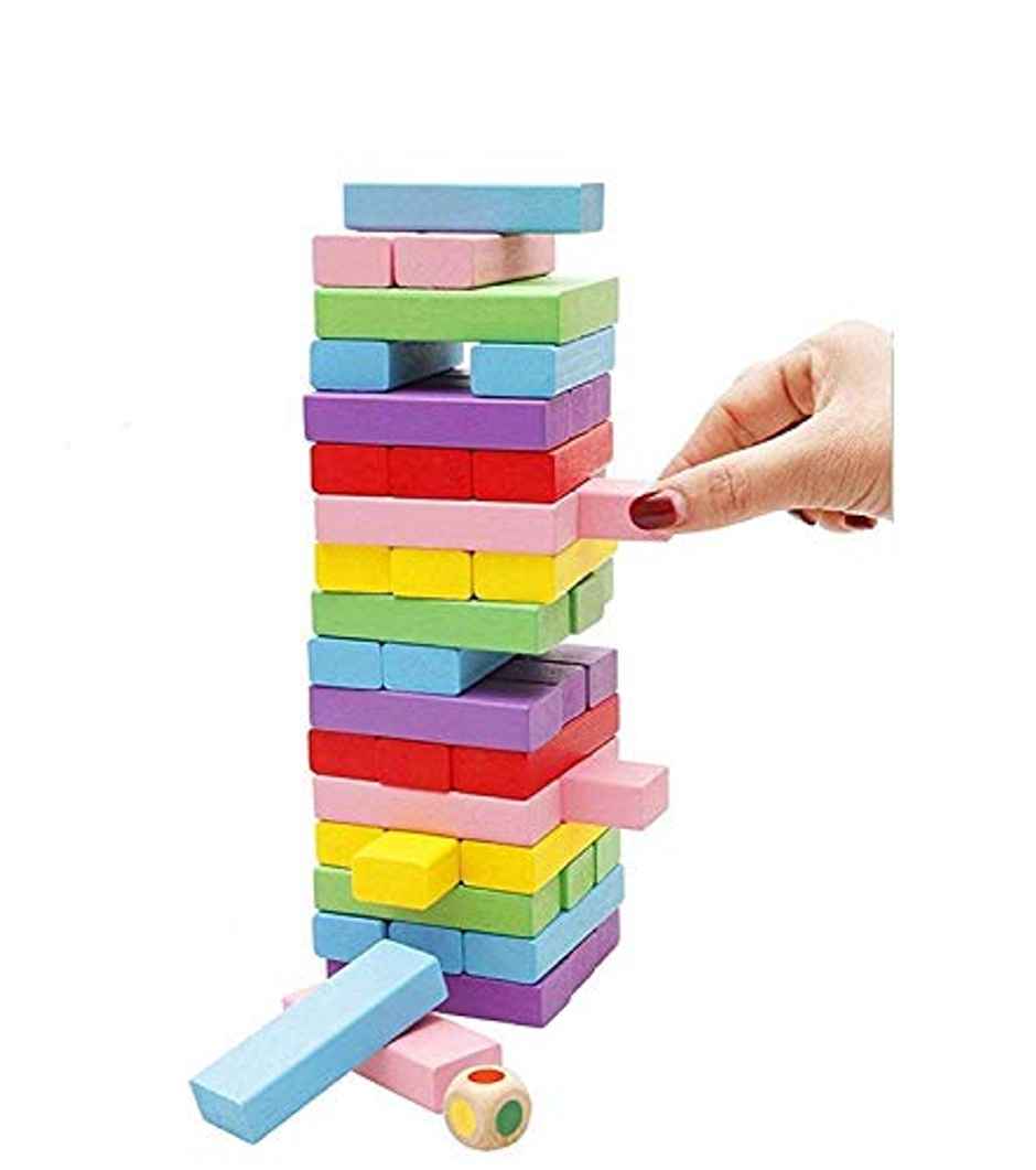 Storio Colorful Wooden Tumbling Tower Game | Family Board Game with Dice