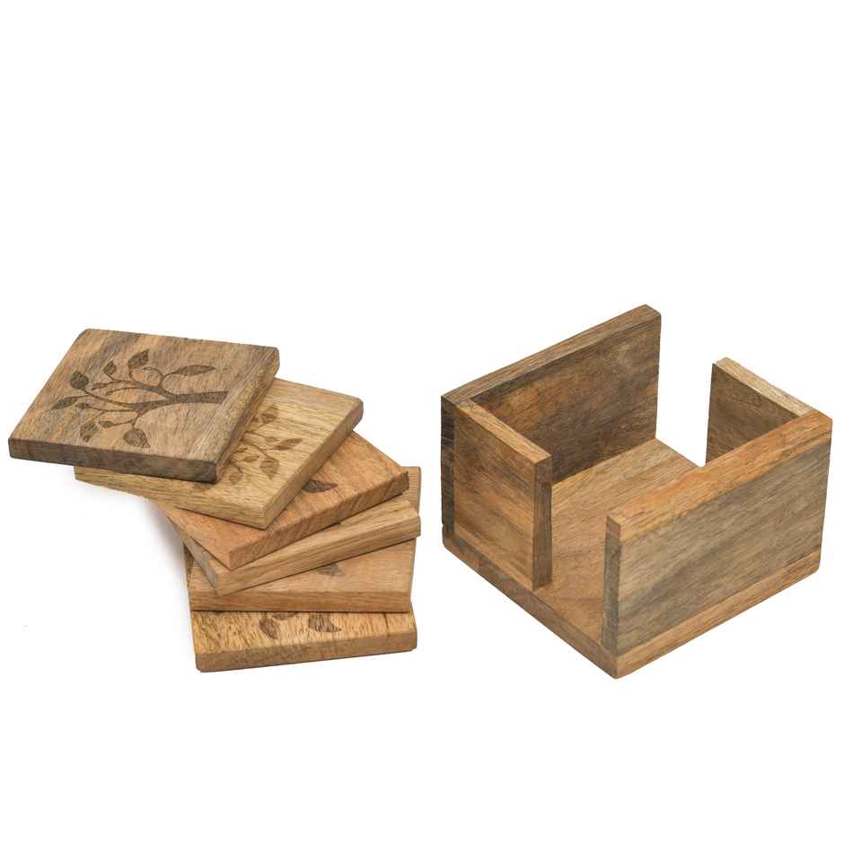 Oggn Mango Leaf Wooden Tea Coaster With Holder