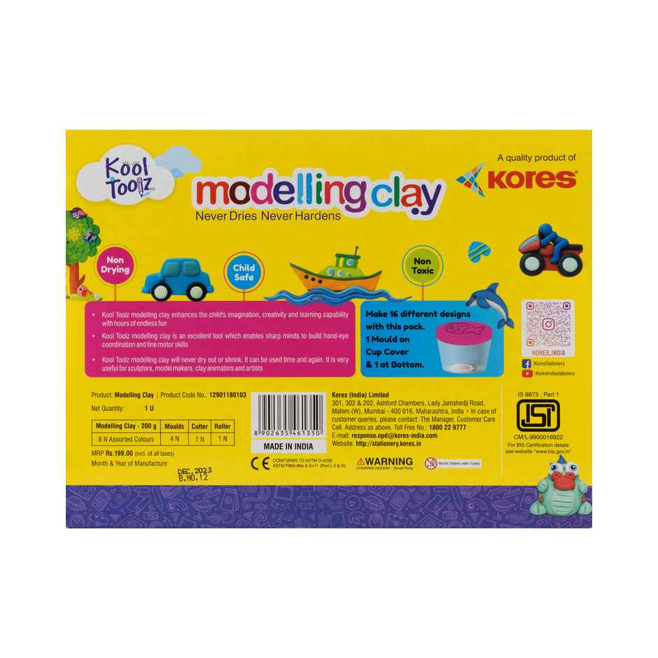 Kores Modelling Clay | 8 Shades | 4 Moulds | 1 Roller | 1 Cutter | Creative Fun