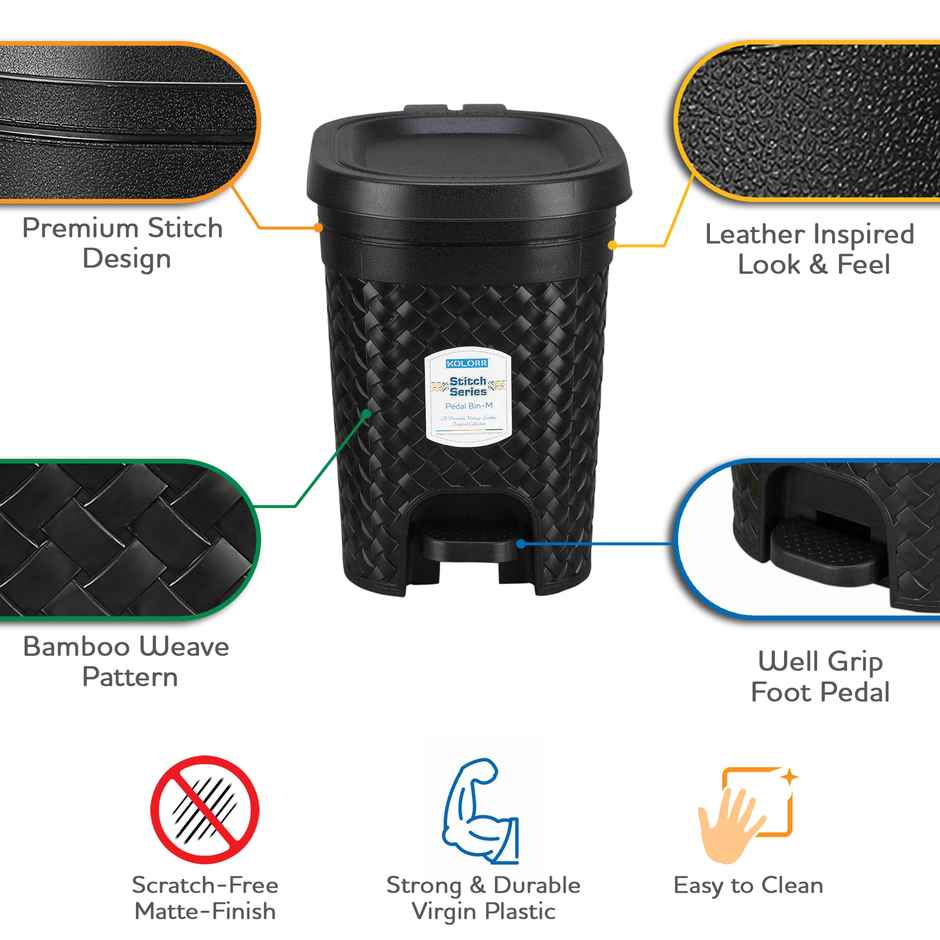 Kolorr Stitch 7L Plastic Pedal Modern Design Waste Bin (Black)