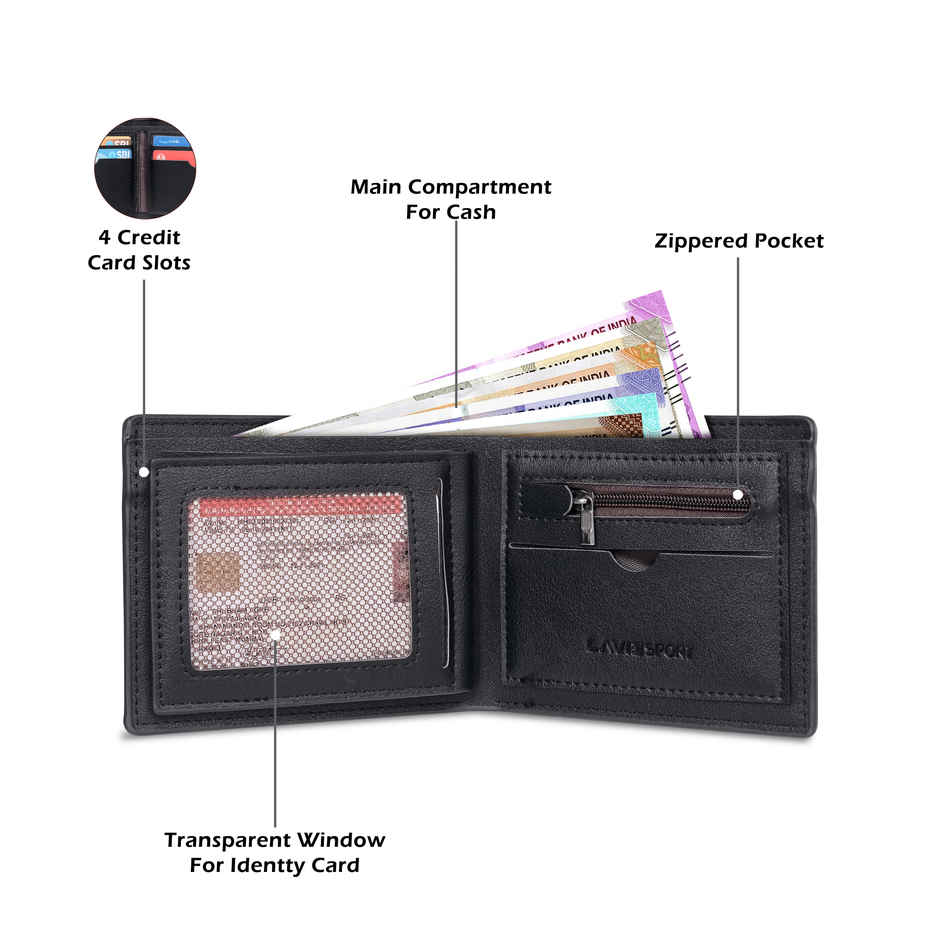 Lavie Sport Xavier Men's Wallet | 5 Card Slots | Biofold Wallet | Synthetic Leather | Purse - Black