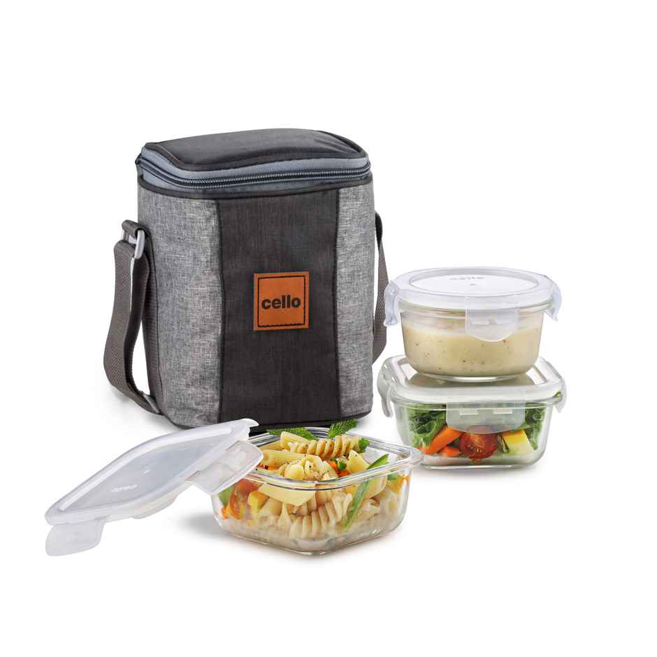 Cello Glassy Mix Lunch Box | Microwavable Borosilicate Glass | 2 x 320 ml and 240 ml | Clear
