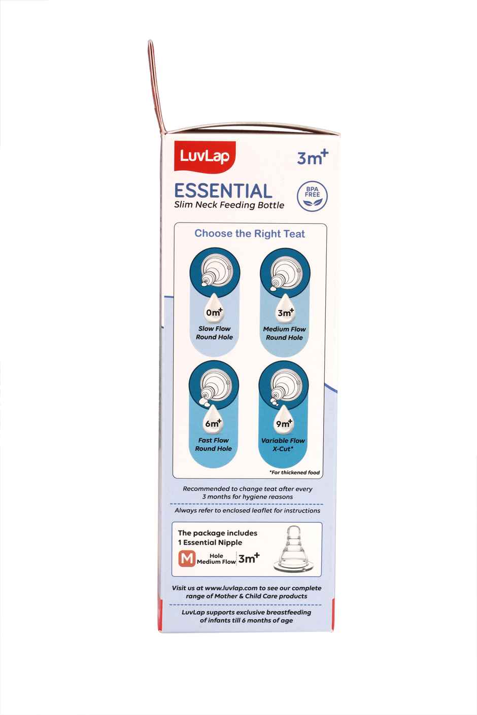 LuvLap Baby Essential Slim Neck Feeding Bottle, with Anti Colic Nipple, upto 3 Years, BPA Free