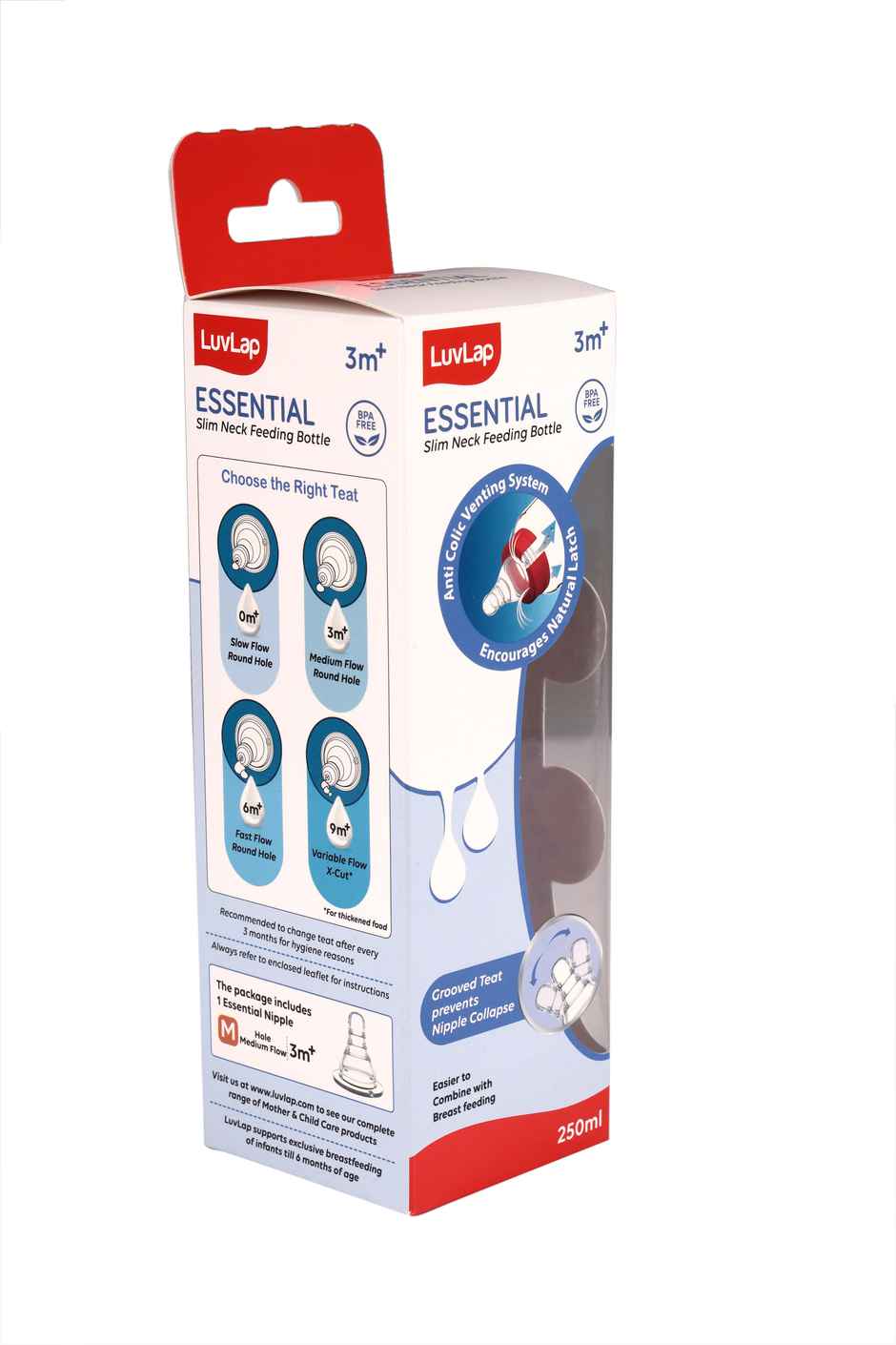 LuvLap Baby Essential Slim Neck Feeding Bottle, with Anti Colic Nipple, upto 3 Years, BPA Free