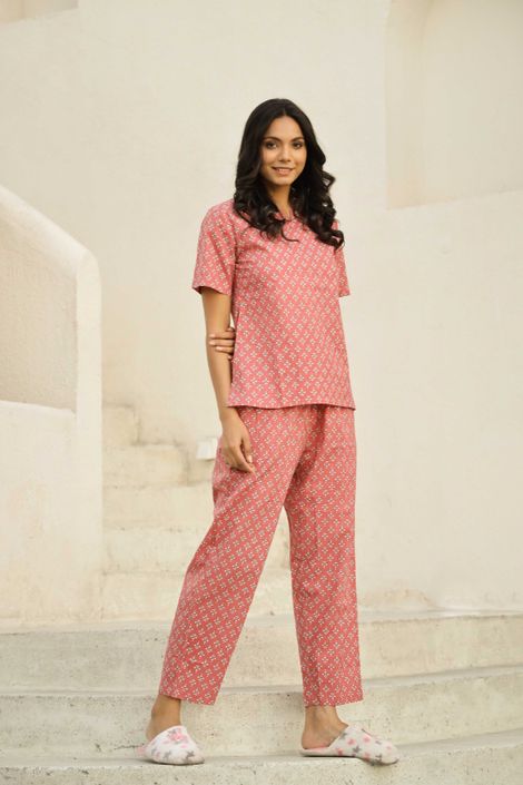 Sanskrutihomes Women's Printed Pure Cotton Night Suit | Pink - XXL