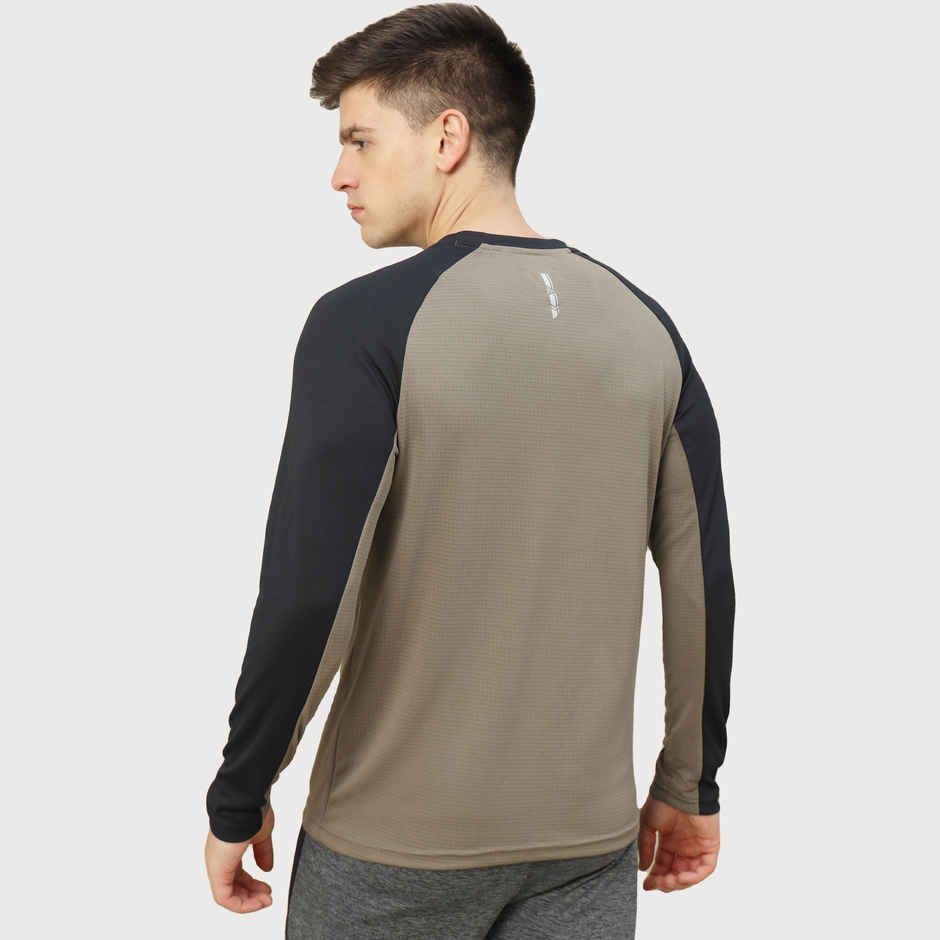Technosport Men's Poly Colorblock Slim Fit Round Neck Full Sleeve T-shirt | Stone Grey - M