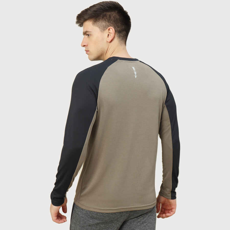 Technosport Men's Poly Colorblock Slim Fit Round Neck Full Sleeve T-shirt | Stone Grey - XL