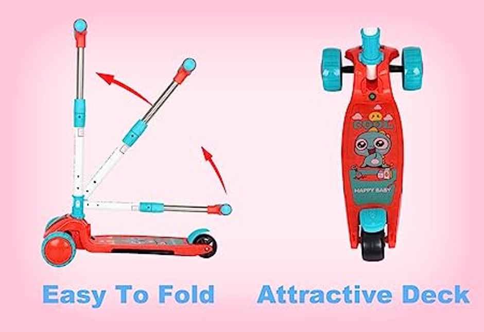 Little Olive Pluto Kids Scooter with LED Wheels, Adjustable Height, Foldable, for Ages 3-7 (Red)