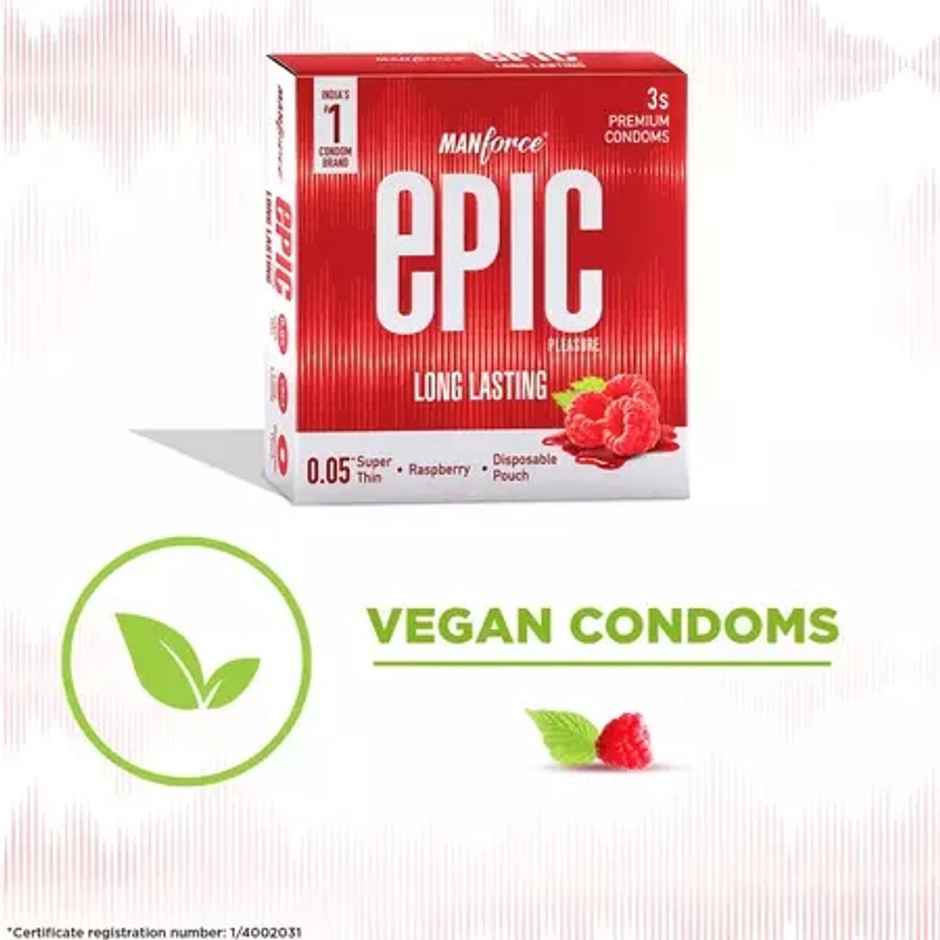 Manforce Epic Pleasure Condoms | Long Lasting, Super Thin, Raspberry Flavour | Disposable