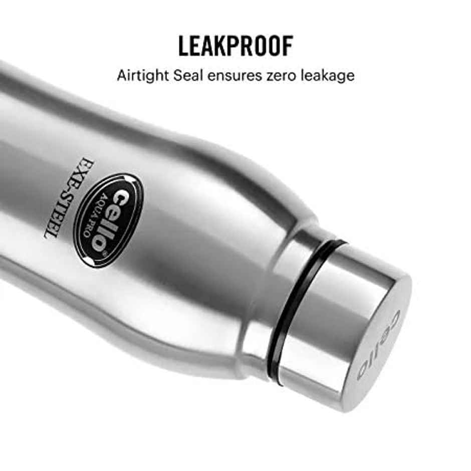 Cello Aqua Pro Stainless Steel Bottle 1 L, Silver | ISI Certified, Single Walled | Leakproof