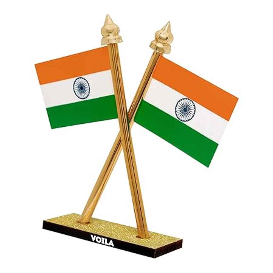 Voila Indian Flag Tiranga Cross Design Stand Double Sided Flag For Table Car Dashboard Home Decor
