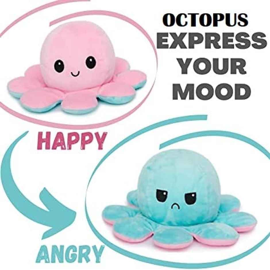 DearJoy Reversible Happy and Sad Octopus Soft Toy Blue Pink - 17cm