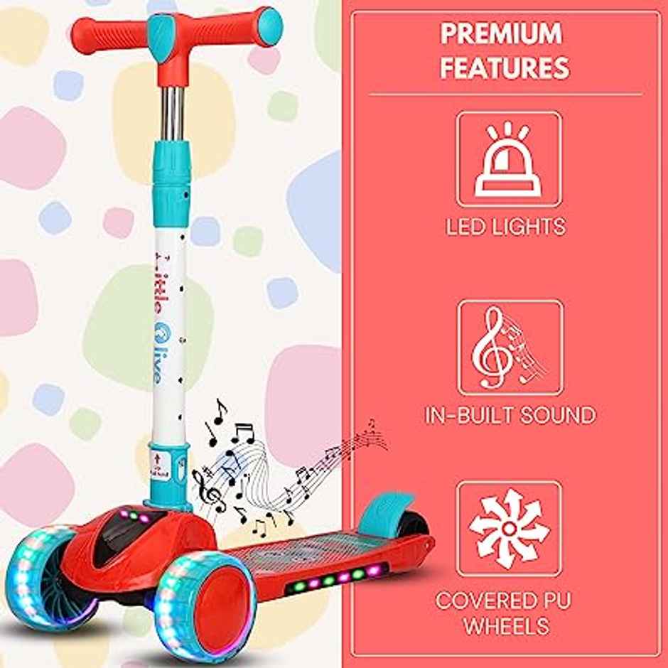 Little Olive Pluto Kids Scooter with LED Wheels, Adjustable Height, Foldable, for Ages 3-7 (Red)