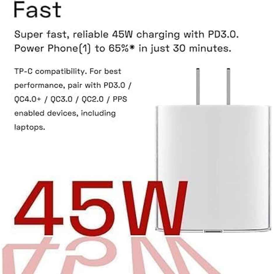 Ailkin 45W Super Fast Charger Adaptor for CMF|Nothing Phone 1| 2A| 2| Buds| 45W Power Adapter|White