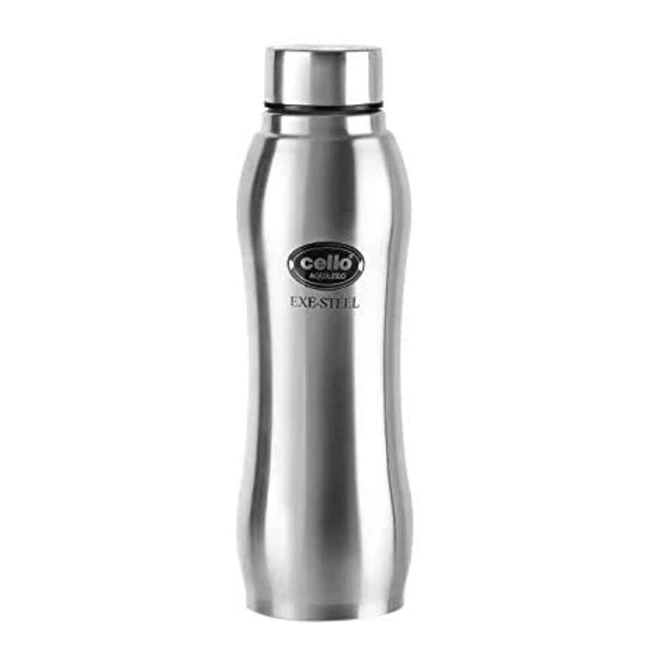 Cello Aqua Pro Stainless Steel Bottle 1 L, Silver | ISI Certified, Single Walled | Leakproof
