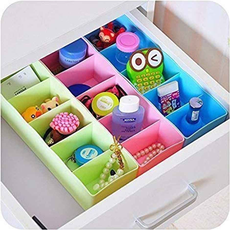Go Hooked 5 Grid Plastic Storage Box Drawer Organizer | Set Of 4 | Multicolor