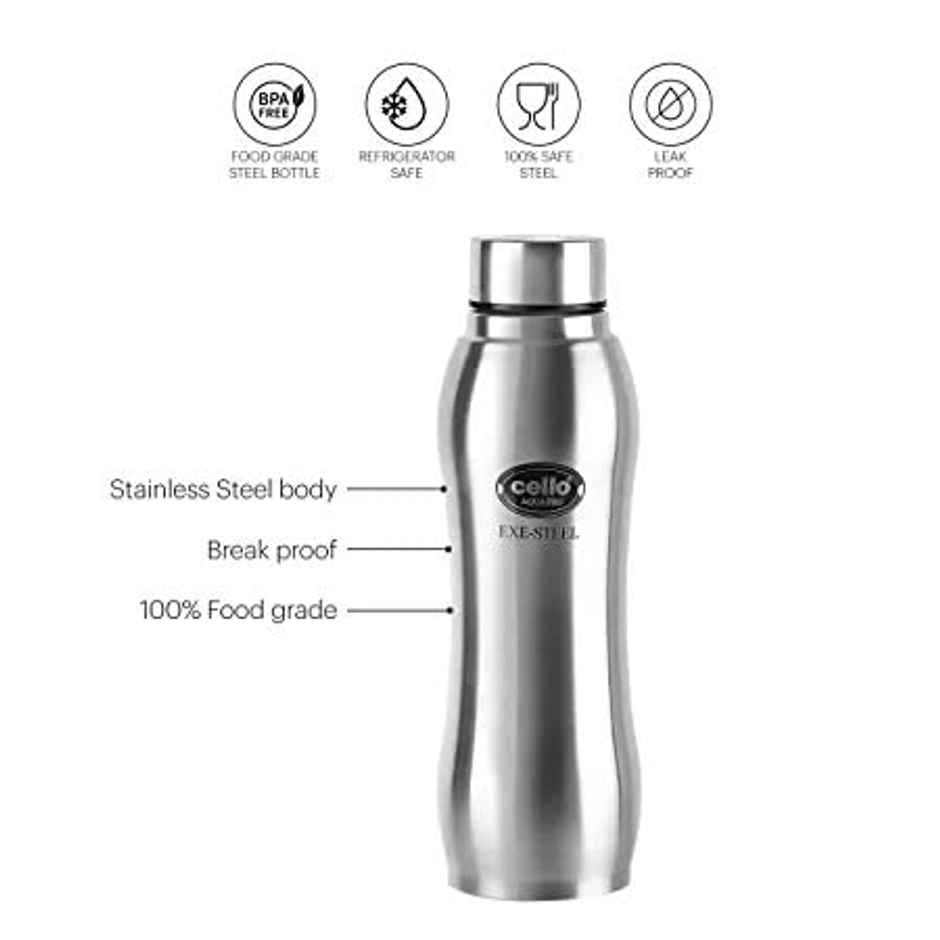 Cello Aqua Pro Stainless Steel Bottle 1 L, Silver | ISI Certified, Single Walled | Leakproof