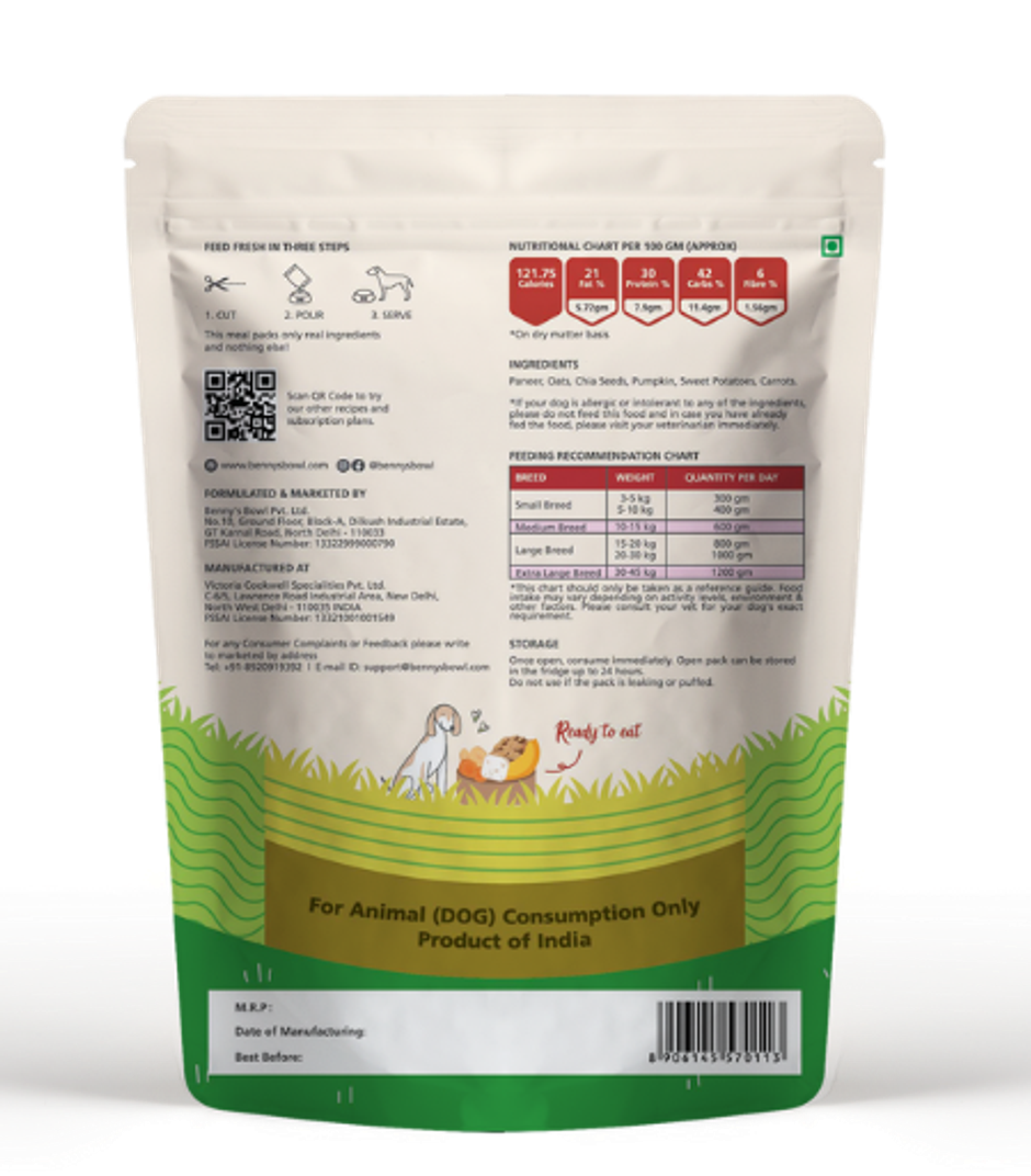Bennys Bowl Fresh Wet Dog Food Paneer Oats