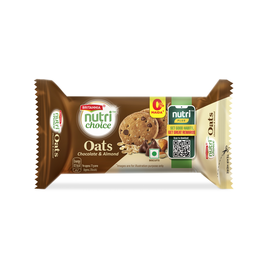 Britannia NutriChoice Chocolate & Almond Oats | Oats & Millets - Maida-free Biscuits 