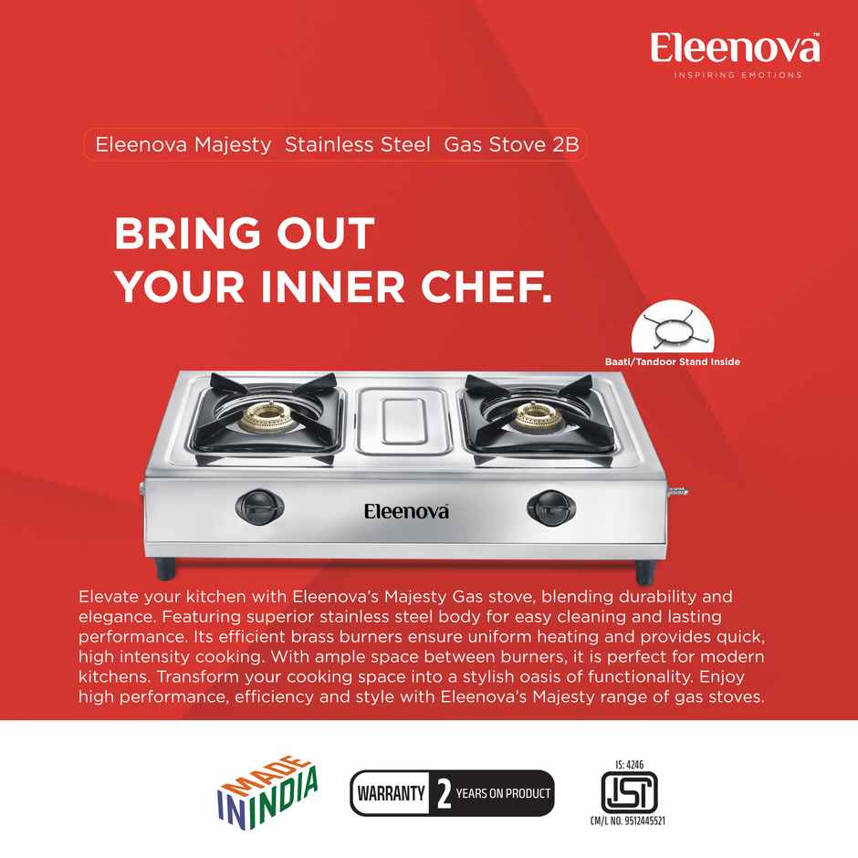 Eleenova Majesty Stainless Steel Gas Stove With 2 Brass Burners