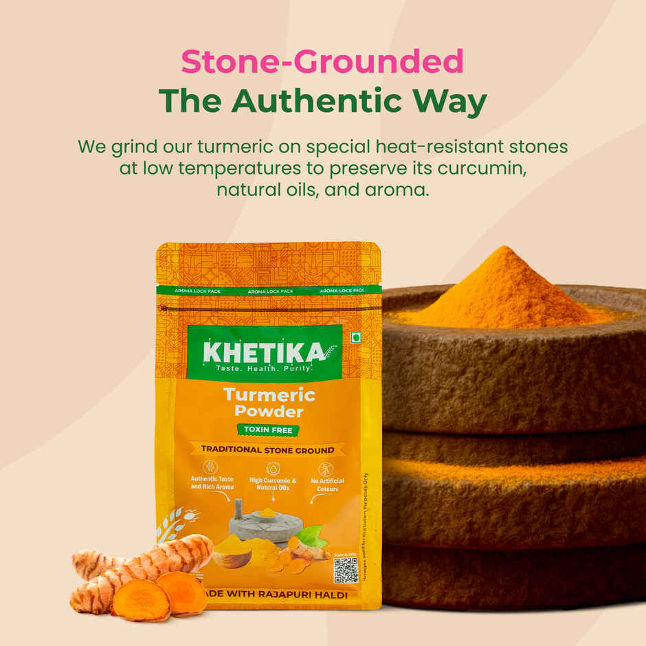 Khetika Stone Ground Turmeric Powder, Single Origin, With Natural Oils, High Curcumin,Reusable Pouch