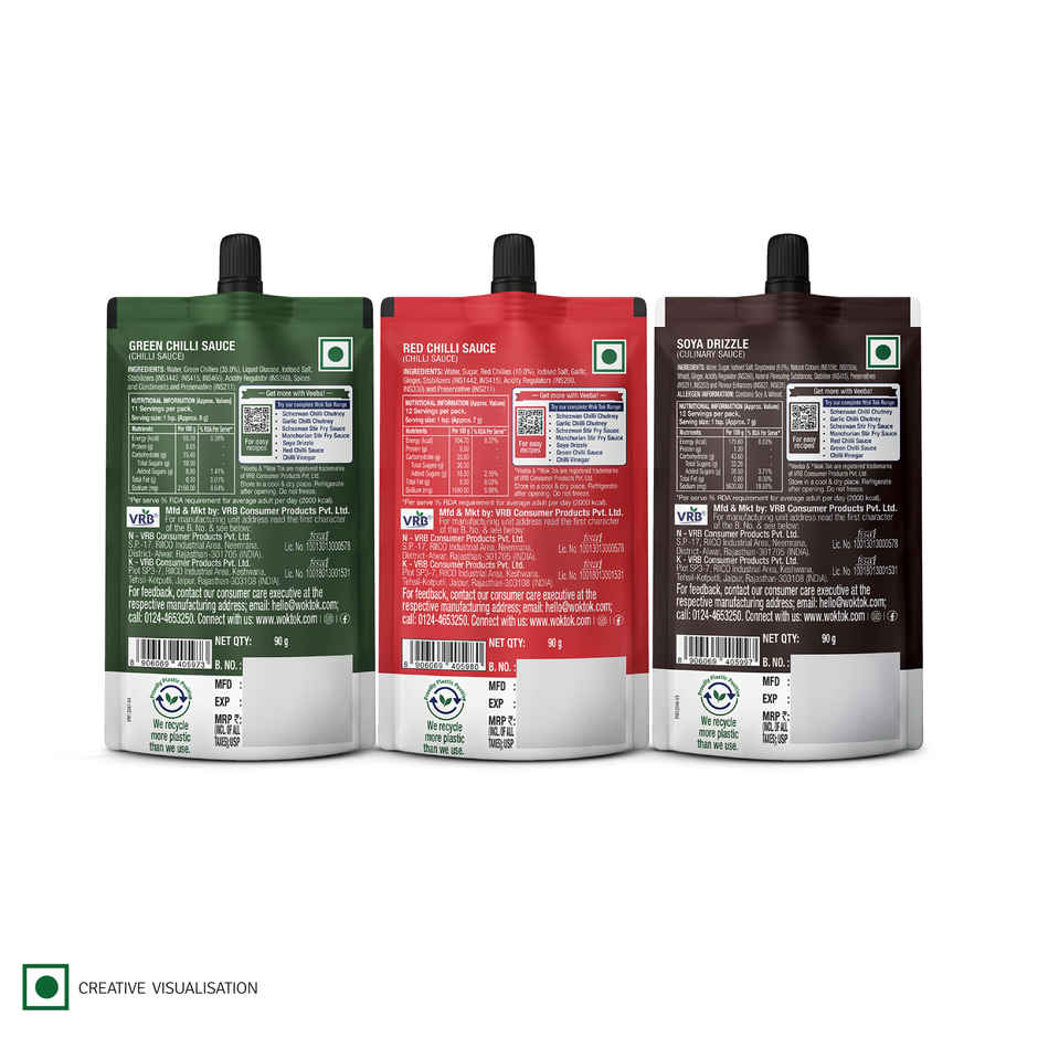 Wok Tok By Veeba Green Chilli Sauce + Red Chilli Sauce + Soya Sauce Pouch Combo