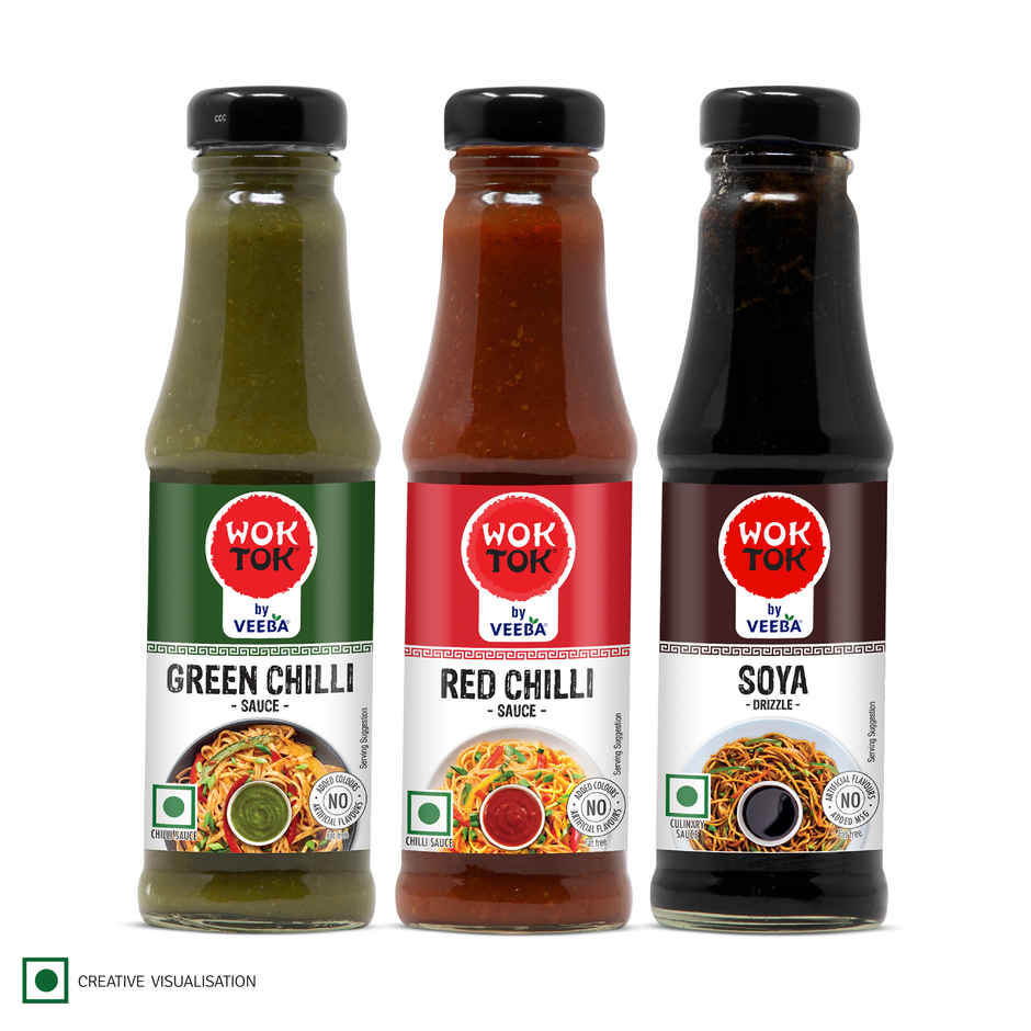 Wok Tok By Veeba Green Chilli Sauce + Red Chilli Sauce + Soya Sauce Combo Bottle